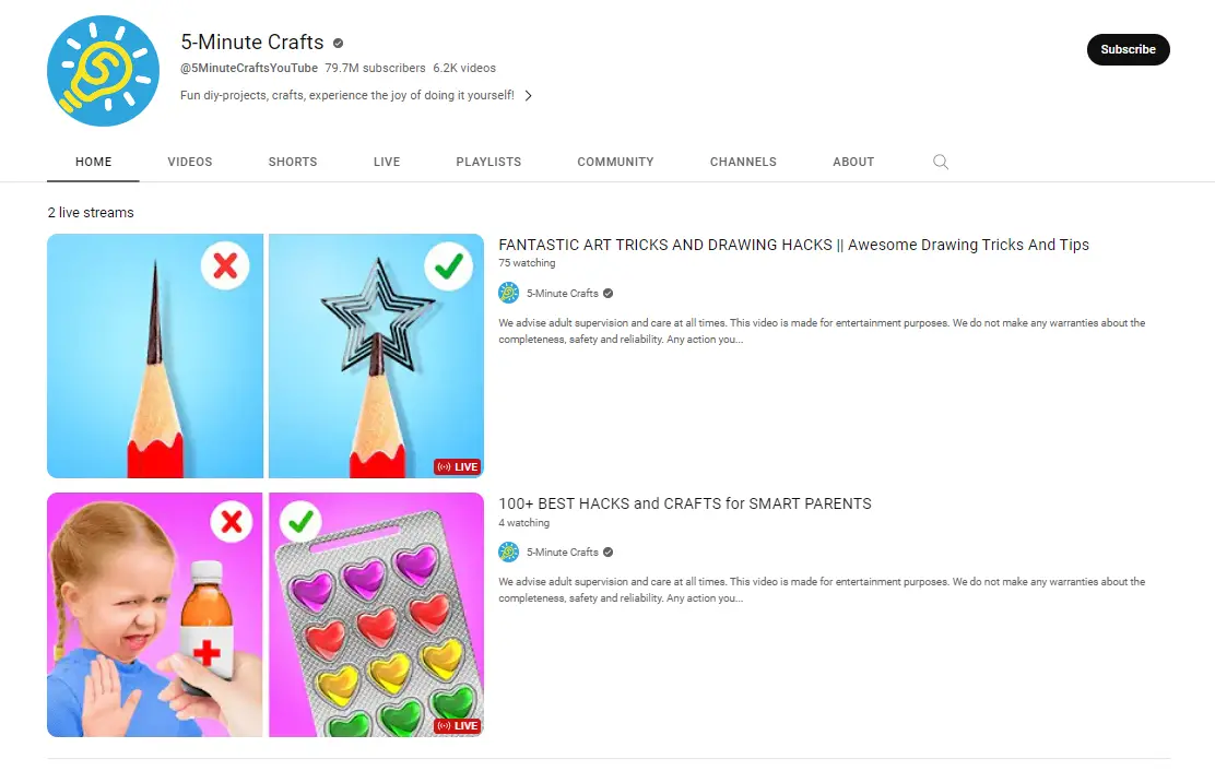 5 Minute Crafts Youtube Page